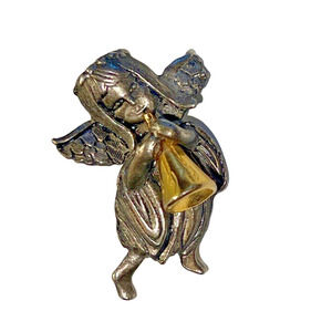 Vintage pewter angel with gold tone horn pin necklace signed D.M. 95